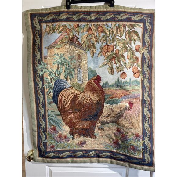 Tapestry w/ Fancy Rod Roosters & Hen French Country Wall Hanging Farmhouse - Picture 3 of 3